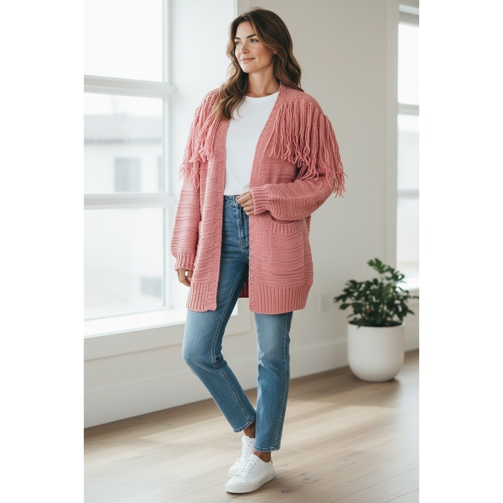 NWT JODIFL Los Angeles Pink Fringe Knit Cardigan Sweater Women, Size Large‎
